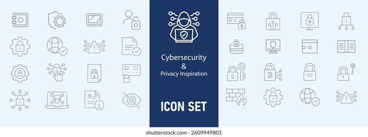 Cybersecurity icons set with firewall, data encryption, password protection, virus scan, phishing attack, two factor authentication, cyber threat, secure connection  icon. Simple line vector
