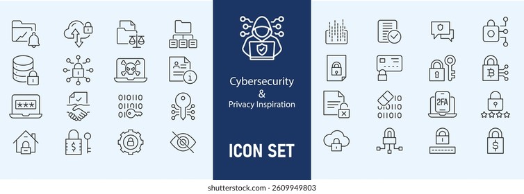 Cybersecurity icons set with firewall, data encryption, password protection, virus scan, phishing attack, two factor authentication, cyber threat, secure connection  icon. Simple line vector