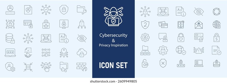 Cybersecurity icons set with firewall, data encryption, password protection, virus scan, phishing attack, two factor authentication, cyber threat, secure connection  icon. Simple line vector