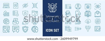 Cybersecurity icons set with firewall, data encryption, password protection, virus scan, phishing attack, two factor authentication, cyber threat, secure connection  icon. Simple line vector