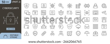 Cybersecurity icons set. Includes icons for data protection, firewall, password, encryption, shield hacker, antivirus, malware, and secure login. Editable stroke. Line icons. Perfect for infographics.