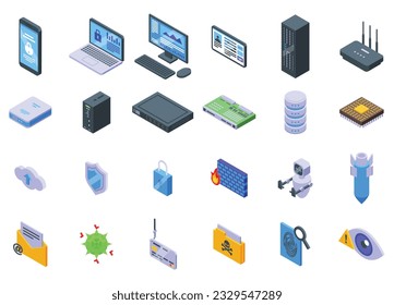 Cybersecurity icons set isometric vector. Camera malware. Online firewall