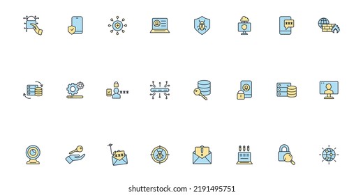 Iconos de ciberseguridad configurados . Símbolo de paquete de seguridad cibernética elementos vectores para web infográfica