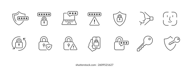 Cybersecurity icons set: protecting data, locks, and digital security elements - linear style