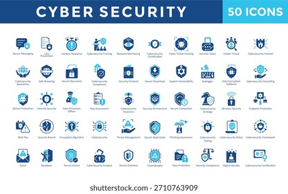 Symbole für Cybersicherheit mit sicherem Messaging, Schutz vor Datenverlust, Reaktion auf Vorfälle, Cybersicherheitsschulung, Netzwerküberwachung, Symbol für Cybersicherheitszertifizierung. Einfache flache Vektorgrafik 
