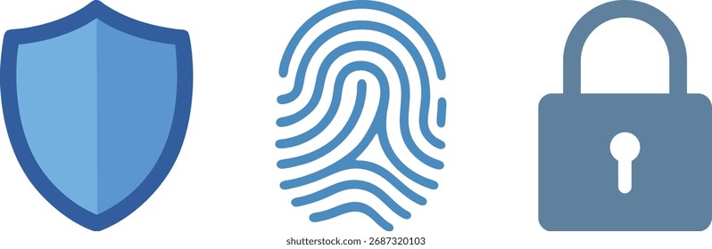 Conjunto de iconos de ciberseguridad: escudo, huella digital, candado: diseño de Vector plano en transparente