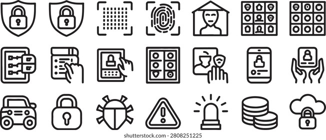 Cybersecurity Icons Set with Shield Locks Fingerprint Alert Building and Data Protection Line Illustrations