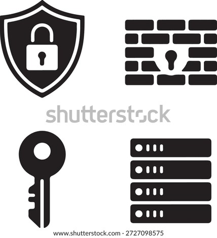 Cybersecurity icons with shield firewall key and server