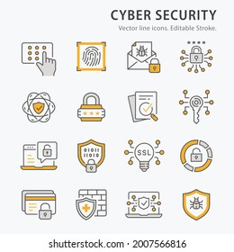 Cybersecurity icons, such as antivirus firewall, email virus threat, digital key, and more and more. Editable Stroke. Vector illustration.