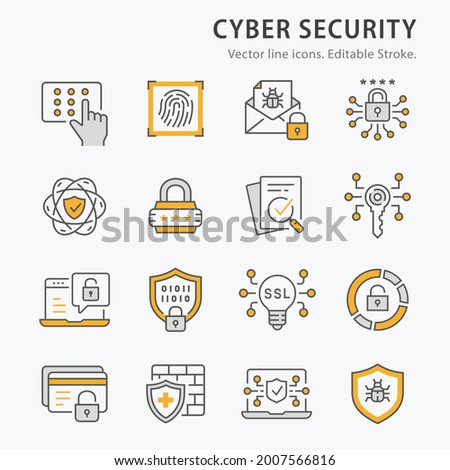 Cybersecurity icons, such as antivirus firewall, email virus threat, digital key, and more and more. Editable Stroke. Vector illustration.