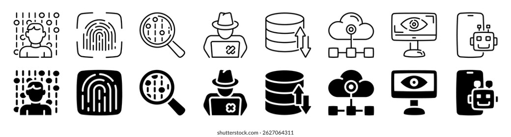Conjunto de ícones de segurança cibernética e identidade. Estilo linear e silhueta.