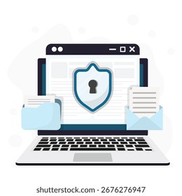 Ilustração de segurança cibernética com laptop, ícone de escudo de bloqueio e conceito de proteção segura de arquivos e e-mails.