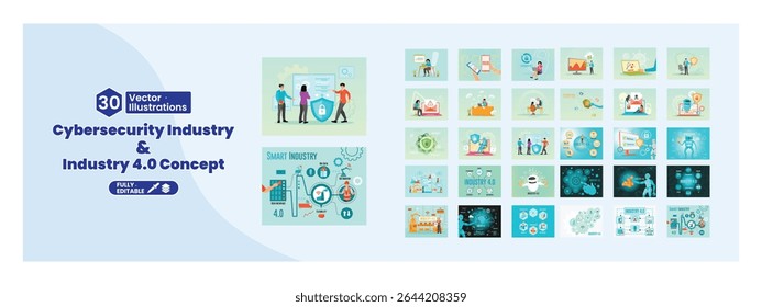 Cybersecurity and Industry 4.0 concept. Business people work using advanced technology and chatbots. Mega set.