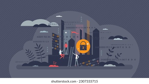 Cybersecurity as information and personal data protection tiny person concept. Digital technology safety from info leakage to hackers vector illustration. Safe sensitive database defense technology.