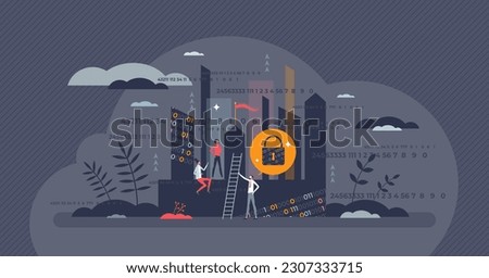 Cybersecurity as information and personal data protection tiny person concept. Digital technology safety from info leakage to hackers vector illustration. Safe sensitive database defense technology.