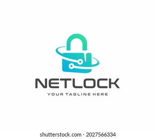 Cybersecurity and information technology logo design. Data protection and privacy information management system vector design. Internet technology and padlock with circuit logotype