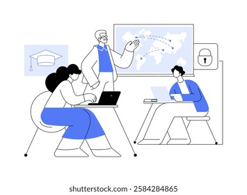 Cybersecurity isolated cartoon vector illustrations. Group of IT students have cybersecurity lesson with teacher, higher education, bachelor degree, community college vector cartoon.