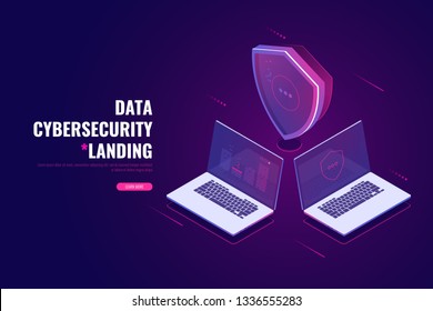 Cybersecurity isometric icon, data security concept, protected computer network, shield with laptop, safety cloud computing, data processing system, vector ultraviolet