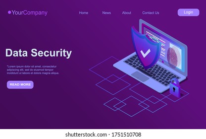 Cybersecurity isometric icon, data security concept, protected computer network, shield with laptop, safety cloud computing, data processing system, vector ultraviolet EPS