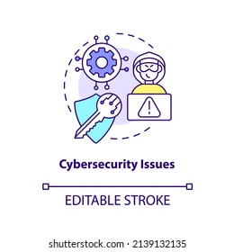 Icono de concepto de temas de ciberseguridad. Ilustración de línea delgada de idea abstracta con desventaja de criptodivisa. Violaciones de seguridad. Dibujo de contorno aislado. Trazo editable. Fuentes Arial, Myriad Pro-Bold utilizadas