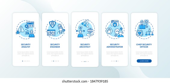 Cybersecurity jobs onboarding mobile app page screen with concepts. Engineer, chief officer, architect walkthrough 5 steps graphic instructions. UI vector template with RGB color illustrations