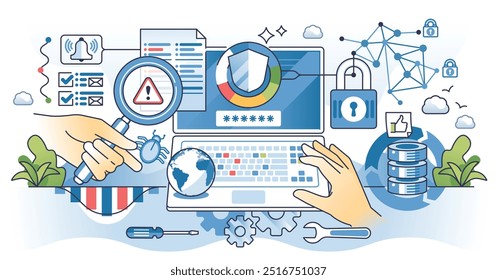 Cybersecurity jobs and professional IT protection work outline hands concept. Occupation to protect files and information from online threats, vulnerability and digital incidents vector illustration.