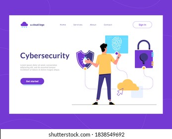 Cybersecurity landing page first screen. Man looking for malware protection, user verification and information security solution for business. Risk reduce and cyber attacks defense of sensitive data