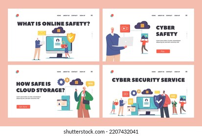 Cybersecurity Landing Page Template Set. Cyber Safety, Personal Data Protection in Internet. Characters Work on Computer with Protected Wifi Connection, Files or Documents. Cartoon Vector Illustration