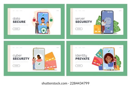 Cybersecurity Landing Page Template Set. Tiny Characters Insert Personal Data On Phone Screen. Concept Of Data Protection, Secure Management Of Personal Information. Cartoon People Vector Illustration