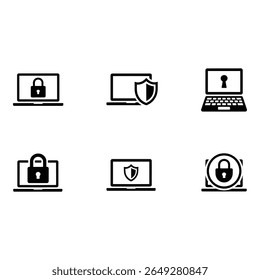 Cybersecurity Laptop Icons Lock Shield Keyhole Modern Bold Black White Vector Graphics