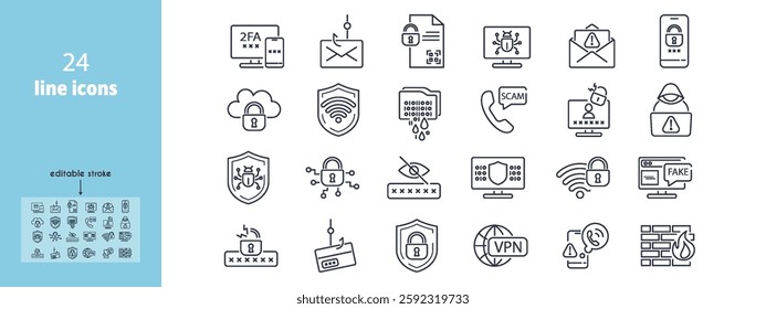 Cybersecurity line icon set. Data Protection, Encryption, Cloud Security, Malware, Data Leak, Compromised Password, Scam Call, Fake Website, Digital Signature vector illustration. Editable Strokes
