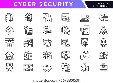 Conjunto de iconos de línea de ciberseguridad. Seguridad de la red, privacidad, cumplimiento del RGPD, amenazas cibernéticas, antivirus, bug, ataque de hackers, escudo, bloqueo, seguridad, conjunto de iconos de línea segura. Ui paquete de iconos de línea delgada.