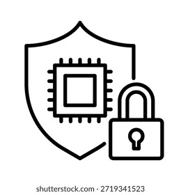 Ícone da linha de segurança cibernética, mostrando um escudo, um cadeado e um chip. Representa proteção, segurança de dados, segurança de rede e defesa digital.