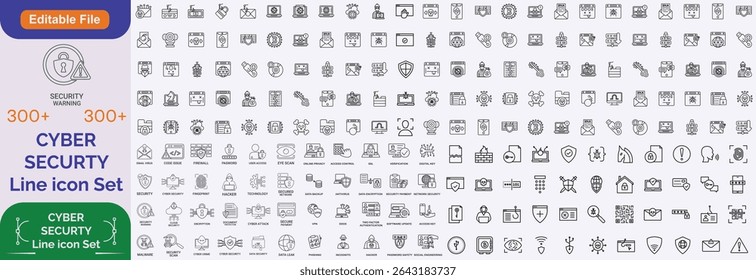 Cybersecurity line icons set 300+ with editable stroke. Includes shields, hackers, locks, mobile protection, data encryption, firewall, malware defense, and online safety.