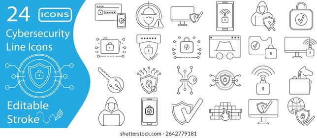 Cybersecurity line icons set with editable stroke. Includes shields, hackers, locks, mobile protection, data encryption, firewall, malware defense, and online safety.