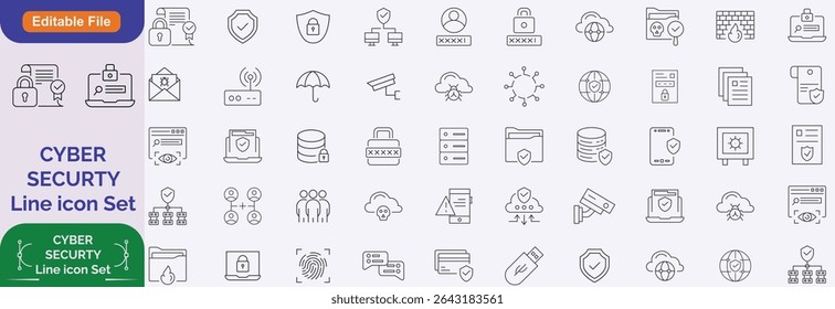 Cybersecurity line icons set with editable stroke. Includes shields, hackers, locks, mobile protection, data encryption, firewall, malware defense, and online safety.