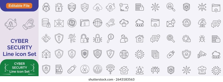 Cybersecurity line icons set with editable stroke. Includes shields, hackers, locks, mobile protection, data encryption, firewall, malware defense, and online safety.