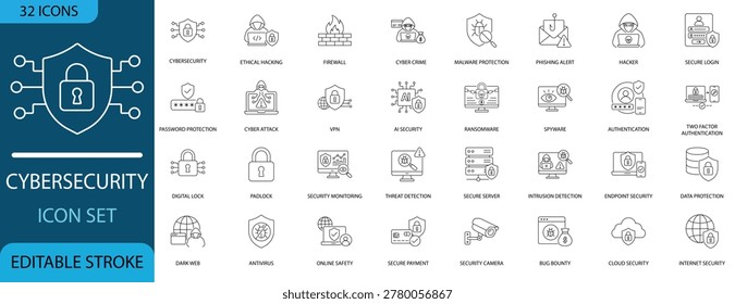 Cybersecurity line icons set featuring data protection, hacking, VPN, and AI security. Vector outline icons with editable stroke for web, app UI, and digital safety design