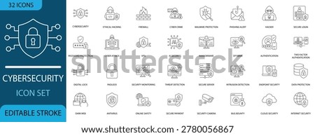 Cybersecurity line icons set featuring data protection, hacking, VPN, and AI security. Vector outline icons with editable stroke for web, app UI, and digital safety design