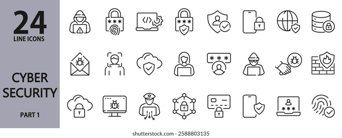 Cybersecurity line icons set with Internet, AI, Hacking, Firewall, Data, Protection, Identity, Internet, Cyber, Attack, Encryption and more. Editable Stroke