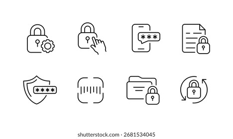 Conjunto de ícones de linha de segurança cibernética - proteção da Internet, privacidade, símbolos de segurança digital