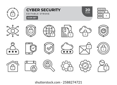 Cybersecurity Line Icons Set with Lock and Shield Elements