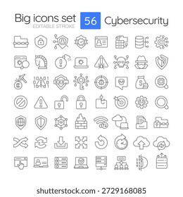 Cybersecurity line icons set. User authentication, network protection. System security, it infrastructure. Isolated vector outline illustrations. Thin lineart iconset symbols. Editable stroke