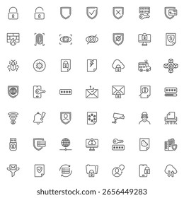 Conjunto de iconos de esquema de línea de ciberseguridad. El paquete de Vectores presenta símbolos de contorno para protección de datos, firewall, Contraseña, error, virus, bloqueo de nube, cifrado, cámara, hacker, ícono de trituradora.