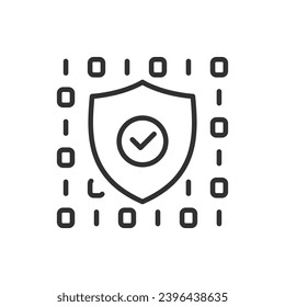 Cybersecurity, linear icon. Protection and security of information and computer code. Binary code and shield. Line with editable stroke
