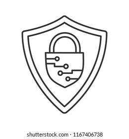 Cybersecurity linear icon. Safeguard. Shield with closed padlock inside. Thin line illustration. Artificial intelligence. Contour symbol. Vector isolated outline drawing. Editable stroke