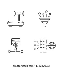 Iconos lineales de ciberseguridad establecidos. Puerta de enlace, filtrado de contenido, cifrado SSL y símbolos de contorno de línea delgada personalizables por proxy transparente. Ilustraciones aisladas del contorno vectorial. Trazo editable