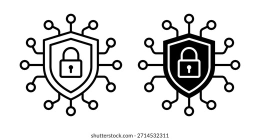 Ciberseguridad con bloqueo y línea de escudo negro conjunto de iconos. Ciberseguridad, protección, seguro, datos, almacenamiento, Sitio web, inteligencia artificial, chip de procesador AI, CPU, concepto de tecnología. Ilustración vectorial.