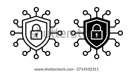 Cybersecurity with lock and shield line black icon set. Cyber security, protection, secure, data, storage, website, Artificial intelligence AI processor chip, CPU, tech concept. Vector Illustration.