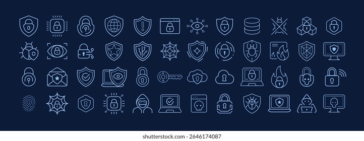 Cybersecurity logo icon set with shield, padlock, biometric ID, network protection. Digital defense symbols for secure data, AI systems, cloud, antivirus, and privacy tech. Vector illustration.